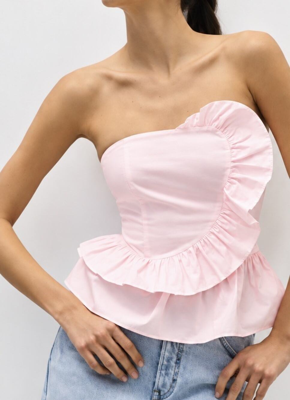 Express Pink Ruffle Corset Top Strapless Half Heart Peplum Size Large Smocked